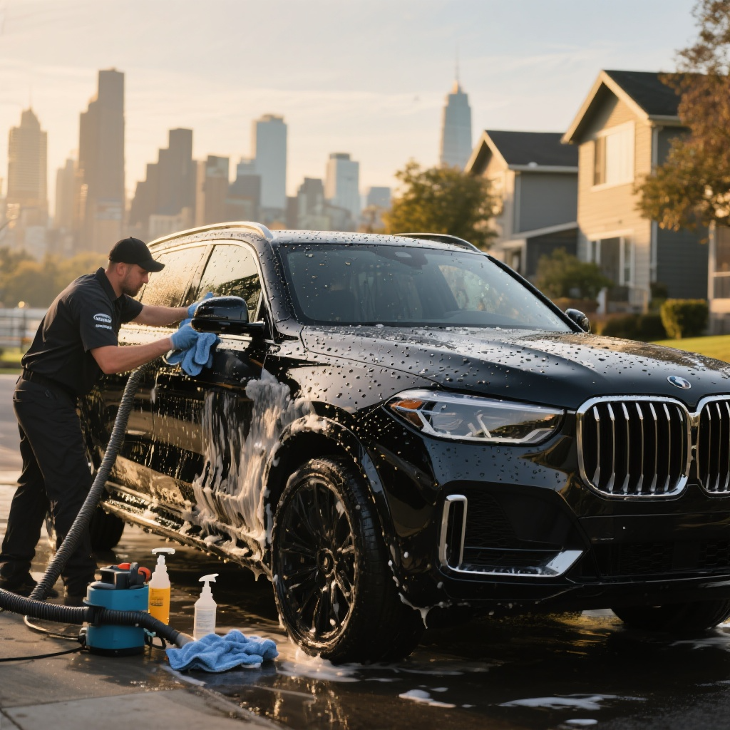 Professional mobile car detailing service in Seattle - Royal Car Detailing team cleaning luxury vehicle with Seattle skyline background